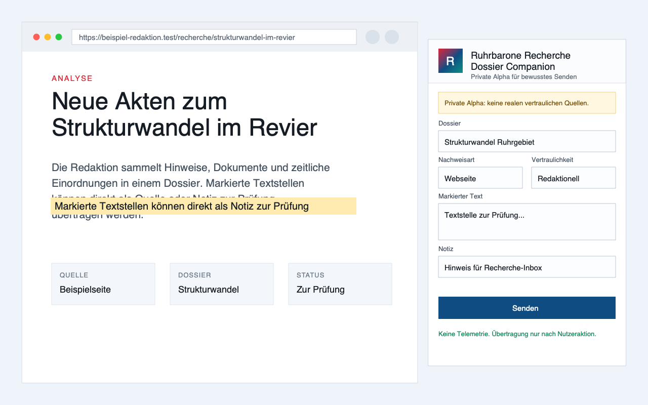 Screenshot der Popup-Erfassung im Ruhrbarone Recherche Dossier Companion