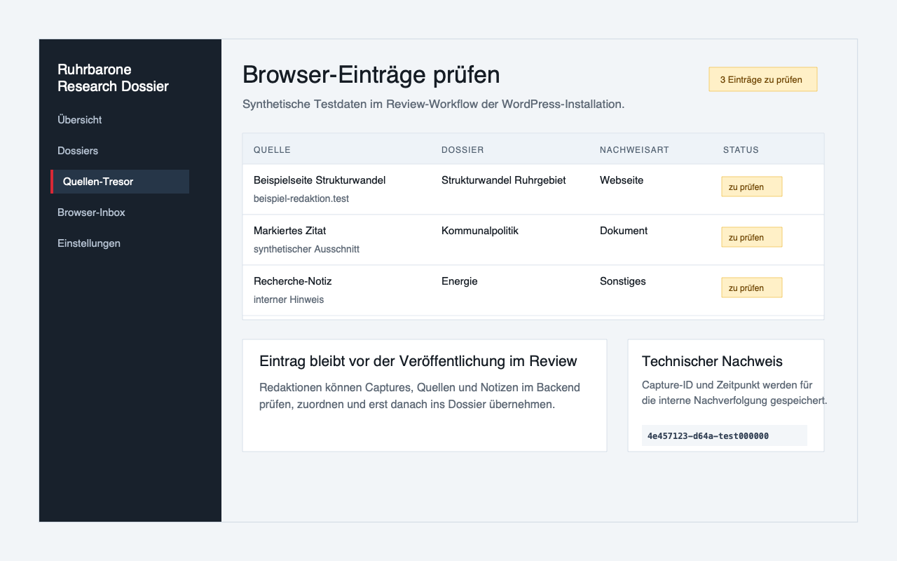 Screenshot des WordPress-Reviews für eingegangene Recherche-Dossier-Einträge