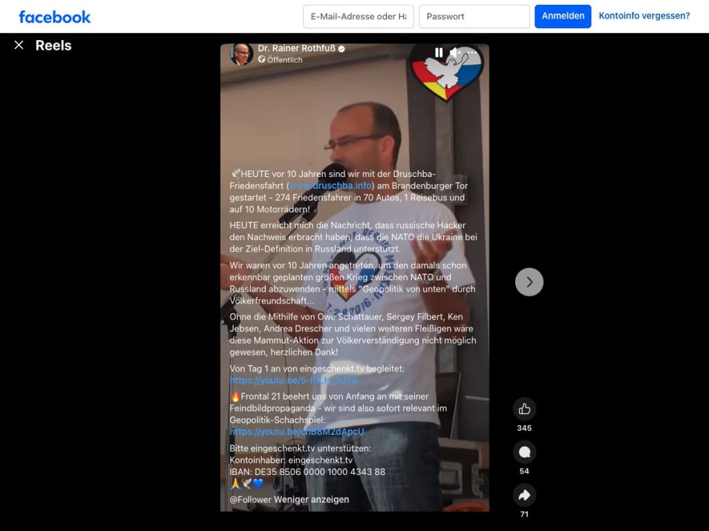 Facebook-Beitrag von Rainer Rothfuß mit der Behauptung, russische Hacker hätten eine NATO-Beteiligung an der Zielauswahl nachgewiesen