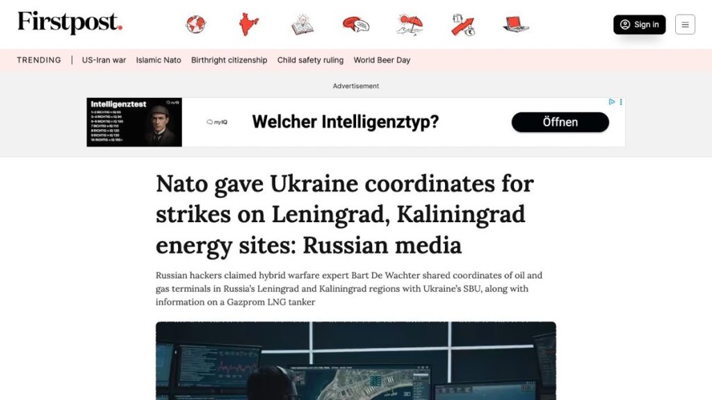 Artikelüberschrift von Firstpost über die unbestätigte Behauptung russischer Hacker zu angeblich von der NATO übermittelten Zieldaten