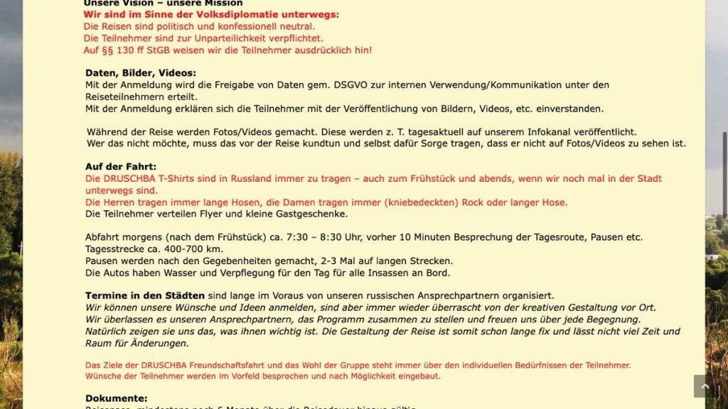 Ausschnitt der Druschba-Global-Mitfahrbedingungen zu Kleidung, Flyern und von russischen Ansprechpartnern organisierten Terminen