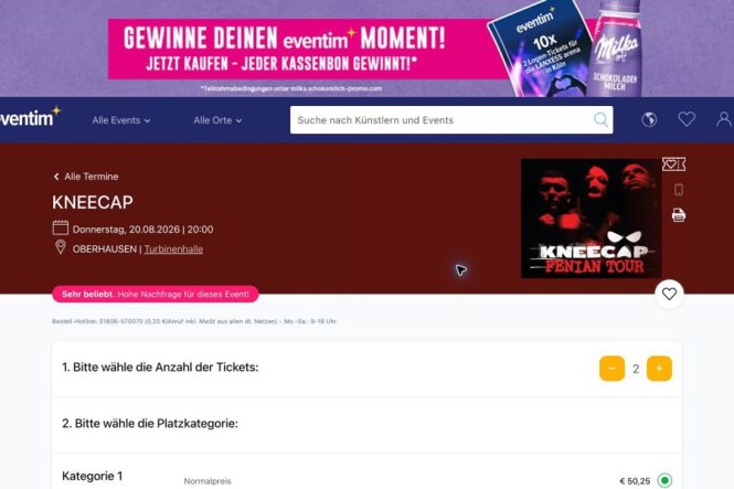 Eventim kennzeichnet das Kneecap-Konzert in Oberhausen als „Sehr beliebt“ und meldet eine hohe Nachfrage