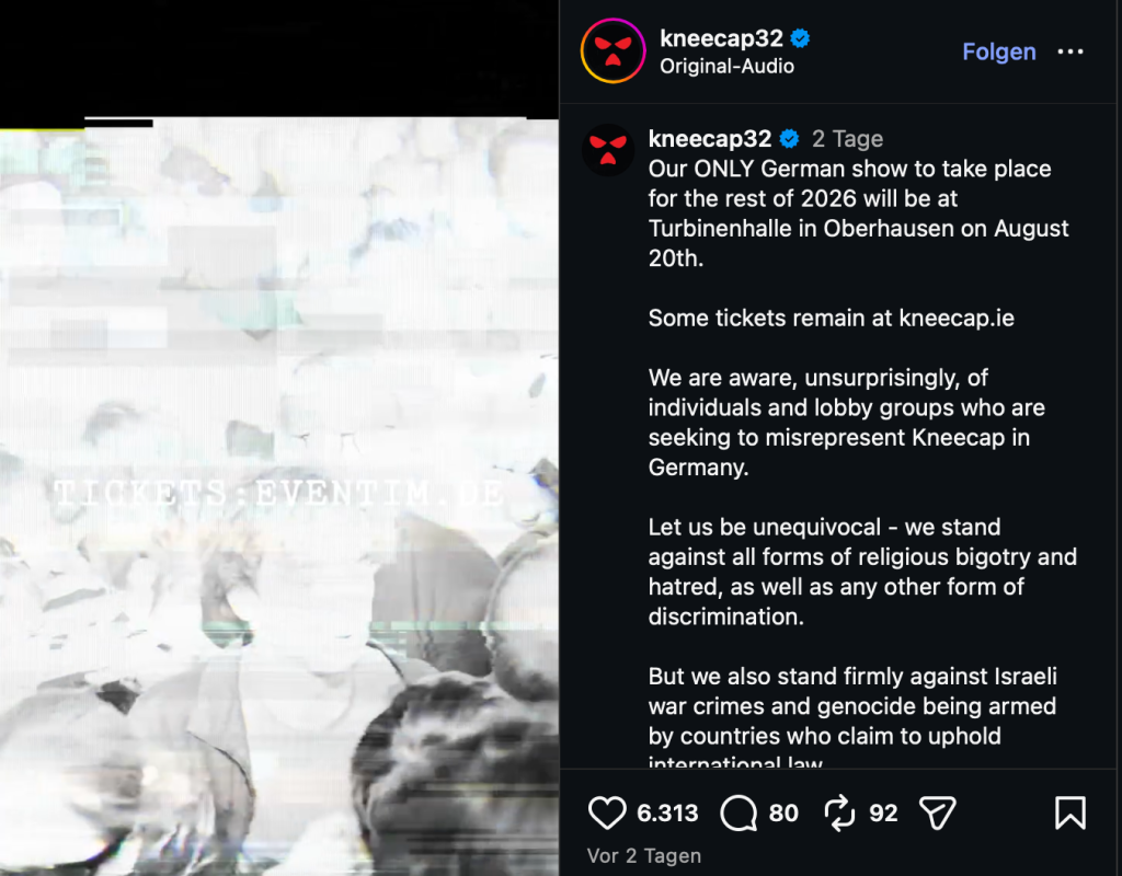Beitrag von Kneecap: "Wenig überraschend ist uns bekannt, dass Einzelpersonen und Lobbygruppen versuchen, Kneecap in Deutschland falsch darzustellen."