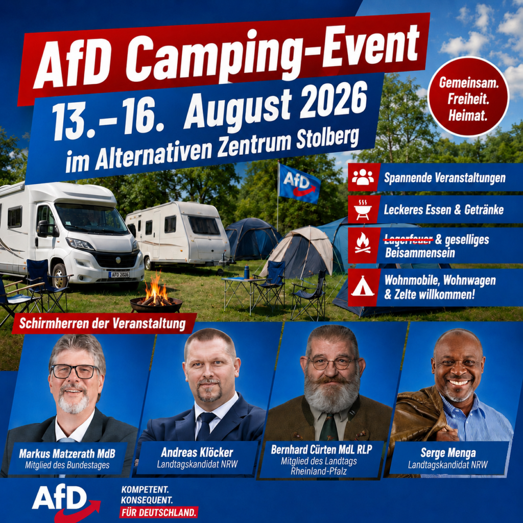 Werbegrafik zum AfD-Camping-Event vom 13. bis 16. August 2026 im Alternativen Zentrum Stolberg