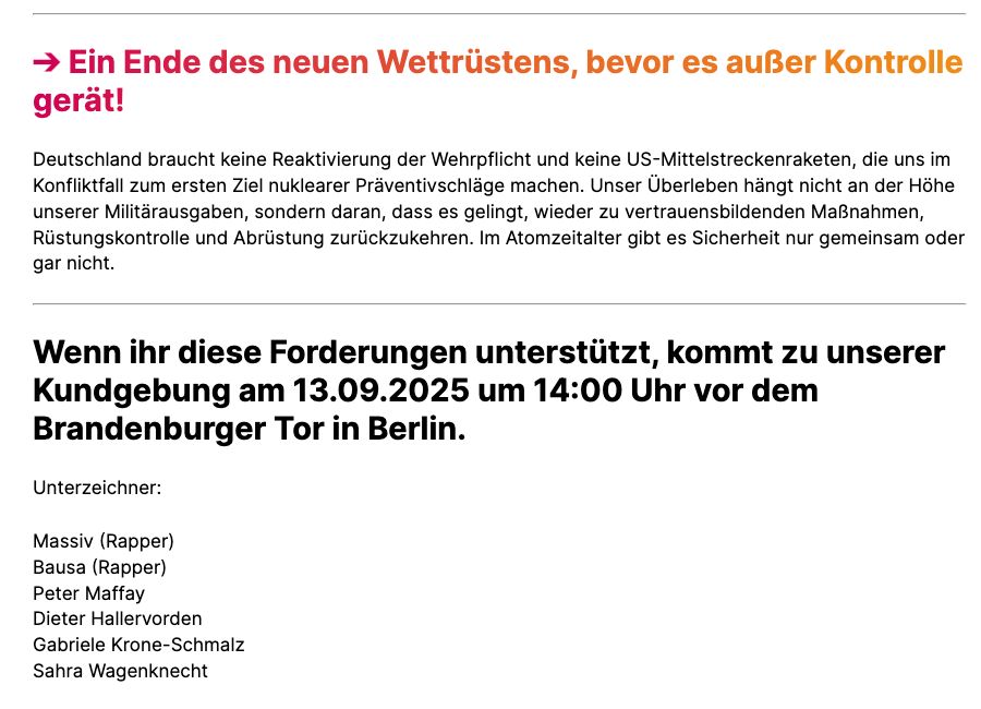 BSW-Hamburg-Aufruf mit Passage zu Mittelstreckenraketen, Kundgebungsdatum und Unterzeichnern