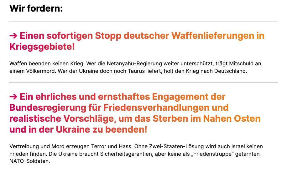 BSW-Hamburg-Aufruf mit den Passagen zu Taurus und einer angeblich getarnten Friedenstruppe