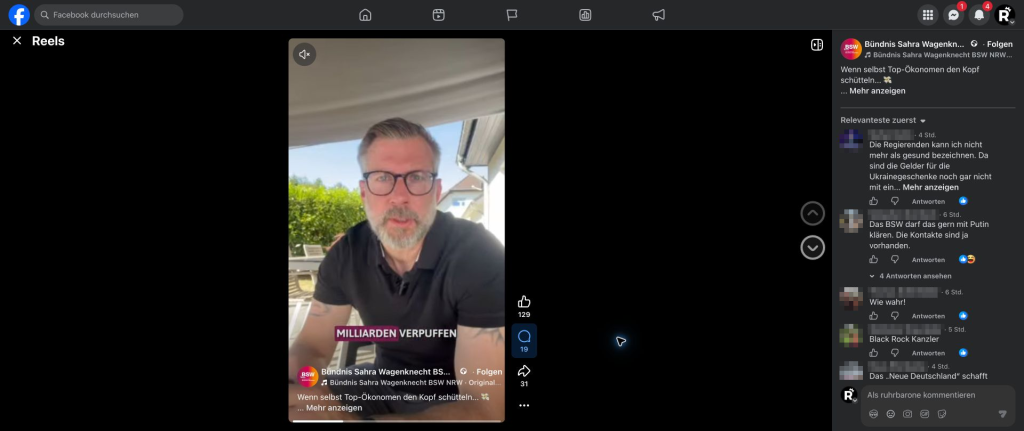 Reaktionen unter dem BSW-Beitrag. Benutzernamen und Profilbilder der Kommentierenden wurden verpixelt. (Screenshot: Facebook)