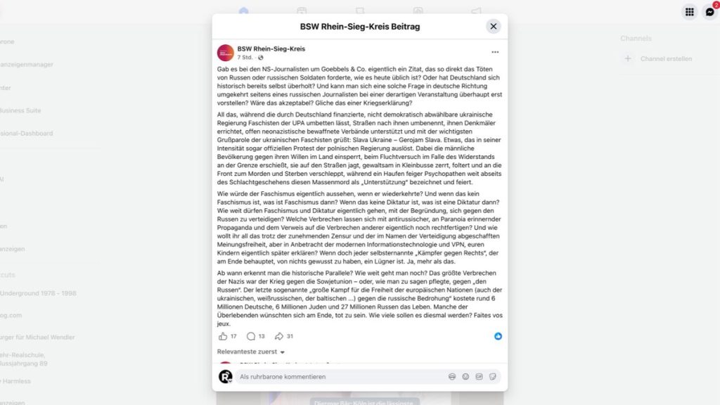 Die Facebook-Seite „BSW Rhein-Sieg-Kreis“ vergleicht die deutsche Ukraine-Debatte mit NS-Propaganda und verbreitet Kreml-Narrative. (Screenshot: Facebook)