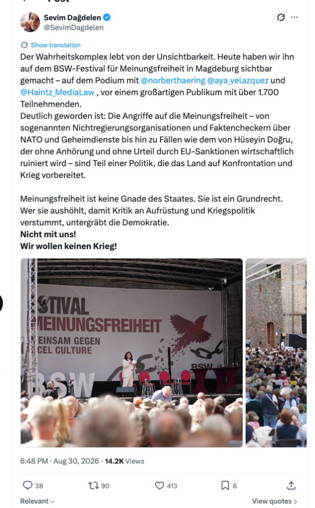 X-Beitrag von Sevim Dağdelen über den sogenannten Wahrheitskomplex beim BSW-Festival für Meinungsfreiheit