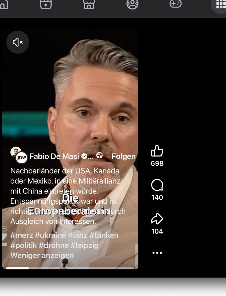 Zweiter Ausschnitt aus dem Facebook-Reel von Fabio De Masi. Zu sehen sind seine Forderung nach einem Interessenausgleich mit Russland sowie die Hashtags „#drohne“ und „#leipzig“, mit denen er das allgemeine NATO- und Russland-Narrativ an den aktuellen Vorfall anknüpft. (Foto: Screenshot Facebook)