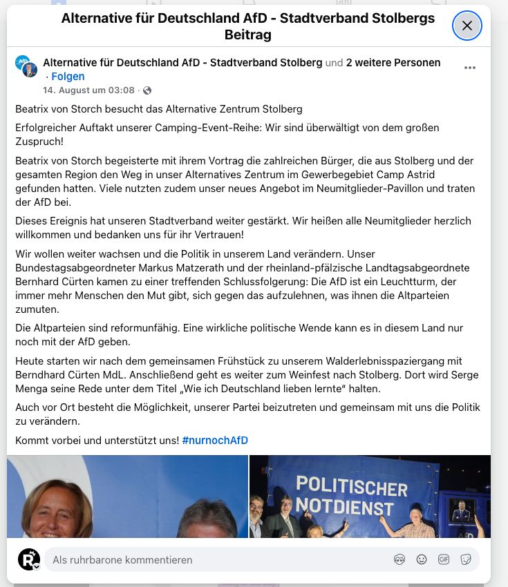 Facebook-Nachbericht der AfD Stolberg über den Besuch von Beatrix von Storch und den Neumitglieder-Pavillon