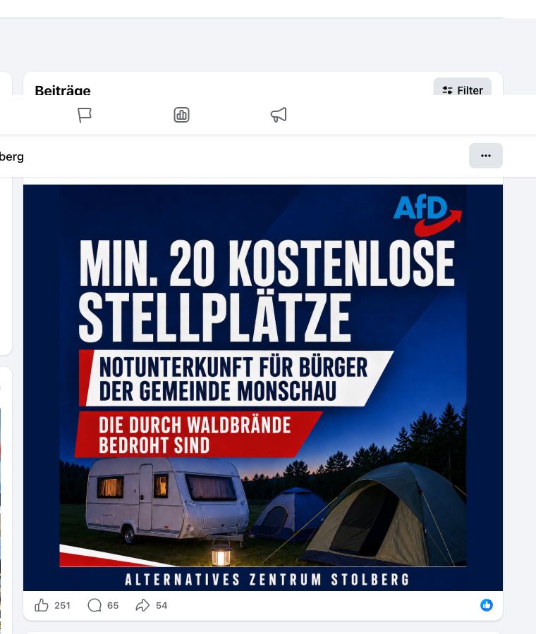 Facebook-Grafik der AfD Stolberg mit dem Angebot kostenloser Stellplätze für von Waldbränden bedrohte Menschen aus Monschau