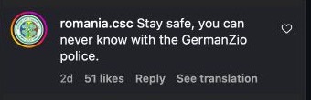 Instagram-Kommentar mit der Formulierung GermanZio police