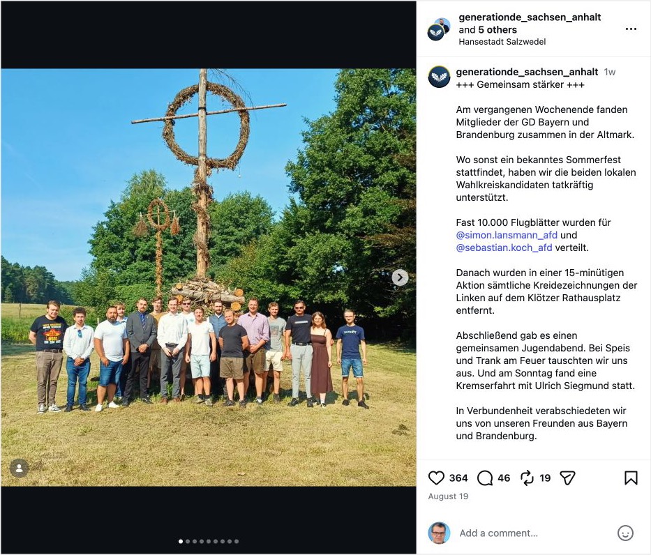 Instagram-Beitrag der Generation Deutschland Sachsen-Anhalt über Wahlkampfhilfe für Sebastian Koch und Simon Lansmann