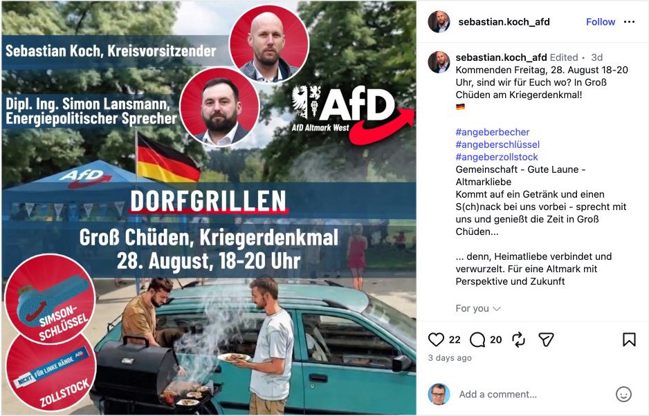 Instagram-Beitrag von Sebastian Koch für ein Dorfgrillen mit Simon Lansmann am 28. August 2026
