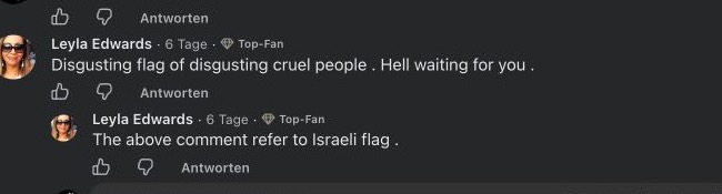 Facebook-Kommentare nennen die israelische Flagge widerwärtig und erklären ausdrücklich, dass die israelische Flagge gemeint ist