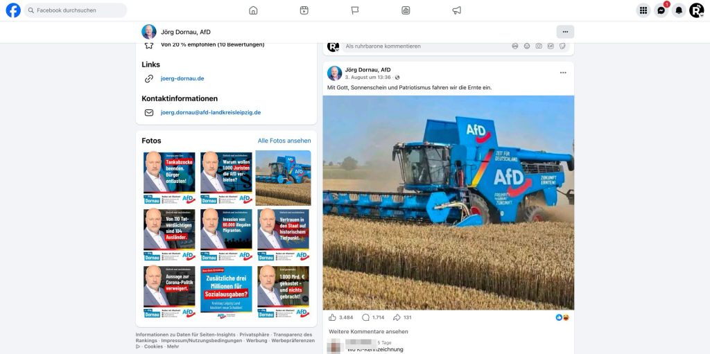 „Mit Gott, Sonnenschein und Patriotismus“: Jörg Dornau zeigt einen blauen AfD-Mähdrescher. Das, mutmaßlich, durch KI erzeugte Foto wurde natürlich nicht als solches gekennzeichnet. (Foto: Screenshot Facebook)