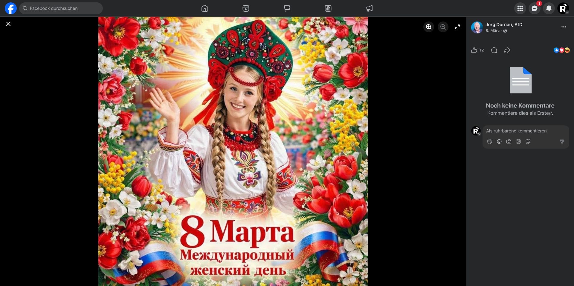 Facebook-Fotobeitrag von Jörg Dornau vom 8. März 2026 mit einer russischen Grußkarte zum Internationalen Frauentag.