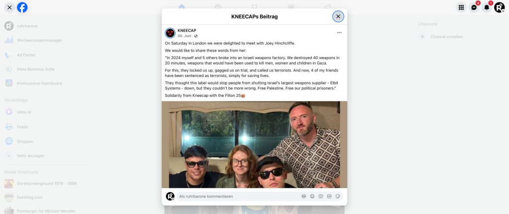 Facebook-Beitrag von Kneecap vom 30. Juni 2026 zu den Filton 25 mit der Aussage, diese hätten Leben gerettet.