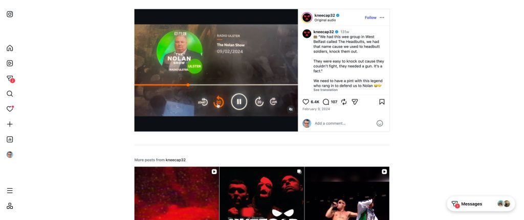 Instagram-Reel von Kneecap vom 9. Februar 2024 mit einem Zusammenschnitt von Kopfstößen und der Einblendung The greatest hits.