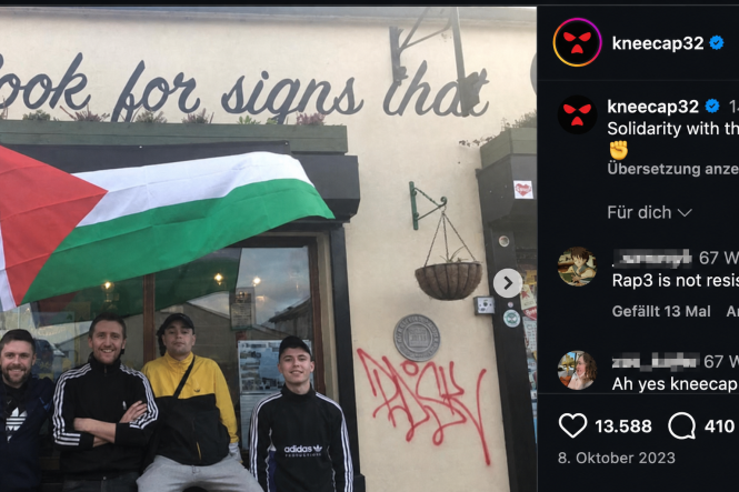 Kneecap-Instagram-Beitrag vom 8. Oktober 2023: Solidarität mit dem palästinensischen Kampf; Kommentatorennamen anonymisiert