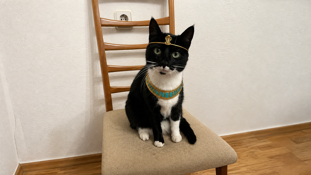 Katze Cleopatra mit dezentem pharaonischem Goldschmuck