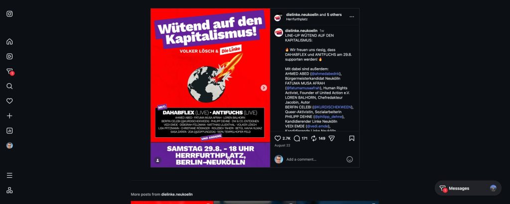 Instagram-Ankündigung der Linken Neukölln für „Wütend auf den Kapitalismus“ mit Dahabflex als Live-Act