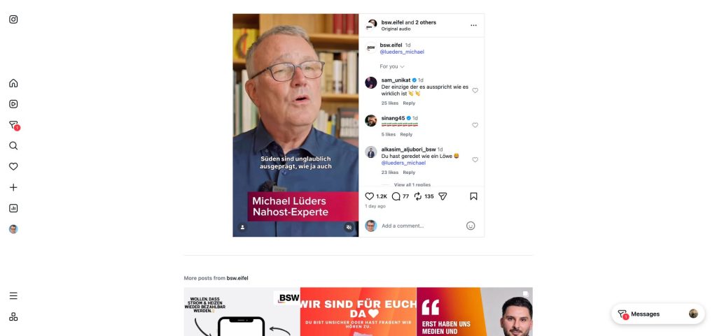 Instagram-Reel von BSW Eifel mit Michael Lüders und zustimmendem Kommentar von Alkasim Al-Jubori