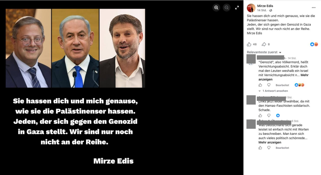 Anonymisierter Facebook-Screenshot des Postings von Mirze Edis mit Itamar Ben-Gvir, Benjamin Netanjahu und Bezalel Smotrich