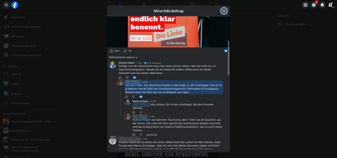 Anonymisierter Facebook-Kommentar unter einem Beitrag von Mirze Edis mit der Behauptung, das zionistische Regime bezahle für Wohlwollen und Propaganda