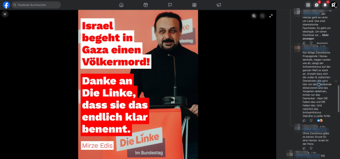 Screenshot eines Facebook-Posts von Mirze Edis mit einem anonymisierten antisemitischen Kommentar, der Juden und jüdische Gemeinden kollektiv verantwortlich macht