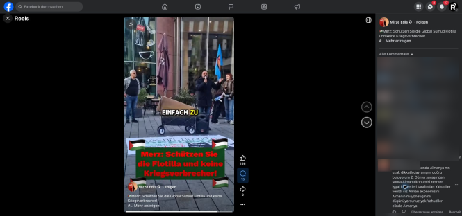 Anonymisierter Facebook-Kommentar unter einem Reel von Mirze Edis mit der Behauptung, die deutsche Wirtschaft sei nach 1945 den Juden übergeben worden