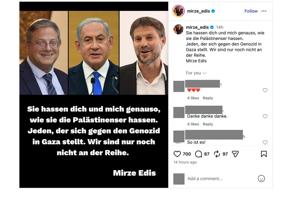 Anonymisierter Instagram-Screenshot des Postings von Mirze Edis mit Itamar Ben-Gvir, Benjamin Netanjahu und Bezalel Smotrich (Screenshot: Instagram)
