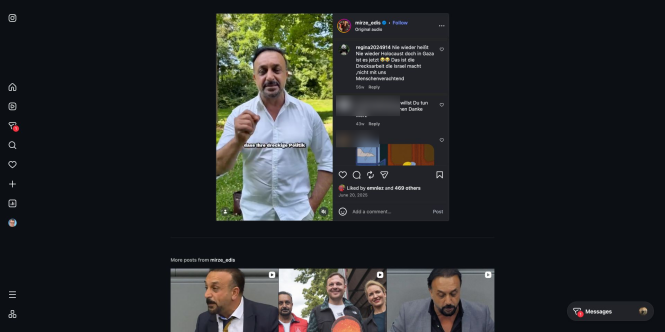 Instagram-Kommentar von regina2024914 unter einem Reel von Mirze Edis, der Gaza mit dem Holocaust gleichsetzt; andere Kommentatoren sind anonymisiert