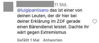 Anonymisierter Instagram-Kommentar, der Luigi Pantisano auf Mirze Edis’ Beitrag und den Umgang der Linken mit Extremismus anspricht