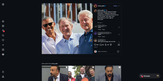 Instagram-Post von Mirze Edis mit einem Foto von Barack Obama, George W. Bush und Bill Clinton; Namen und Profilbilder der Kommentatoren sind anonymisiert