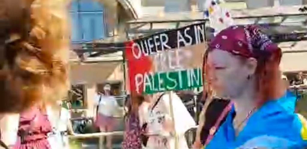 Ein Demonstrant hält ein Schild, auf dem eine „Palästina“-Flagge aufgemalt ist. Screenshot: Andreas Wolf
