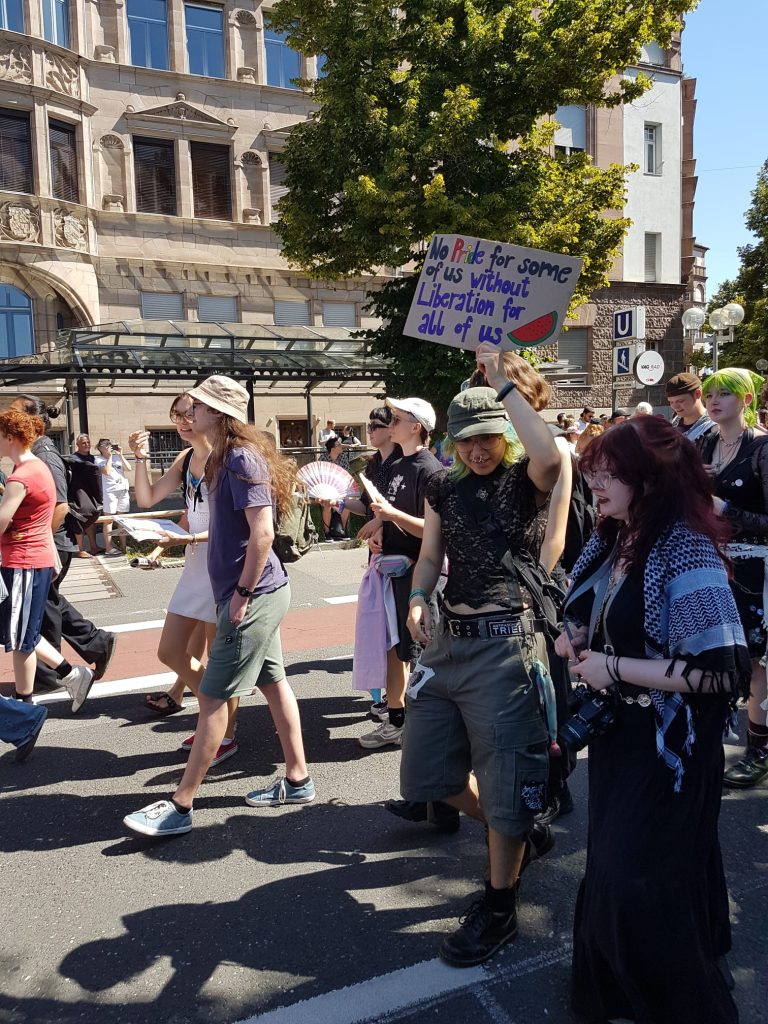 Ein Teilnehmer hält ein Schild mit „Palästina“-Bezug, ein anderer trägt ein „Palästinensertuch“. Foto: Iron Dome Nürnberg