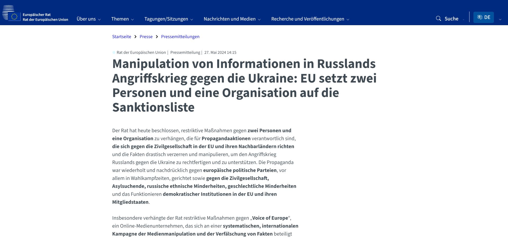 Pressemitteilung des Rates der EU zur Sanktionierung von Voice of Europe