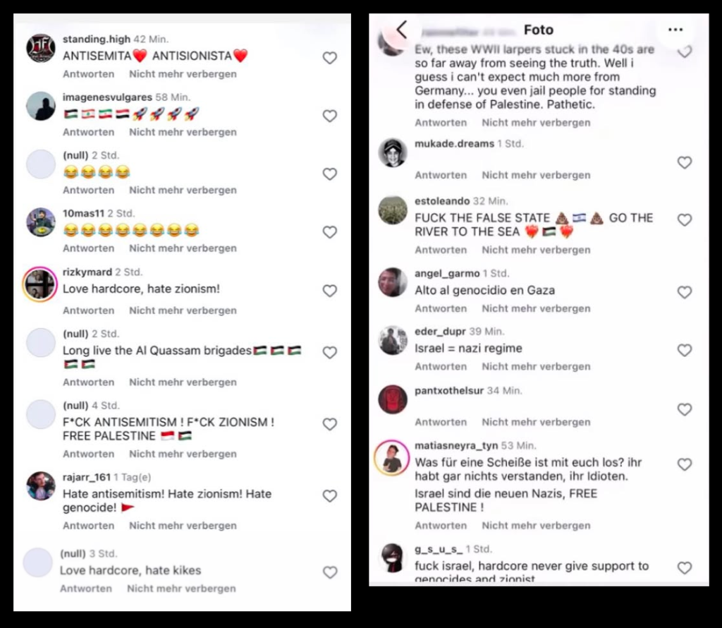 Auswahl einiger Kommentare unter dem Instagram-Post zur Bewerbung des Konzerts. Screenshot: Andreas Wolf