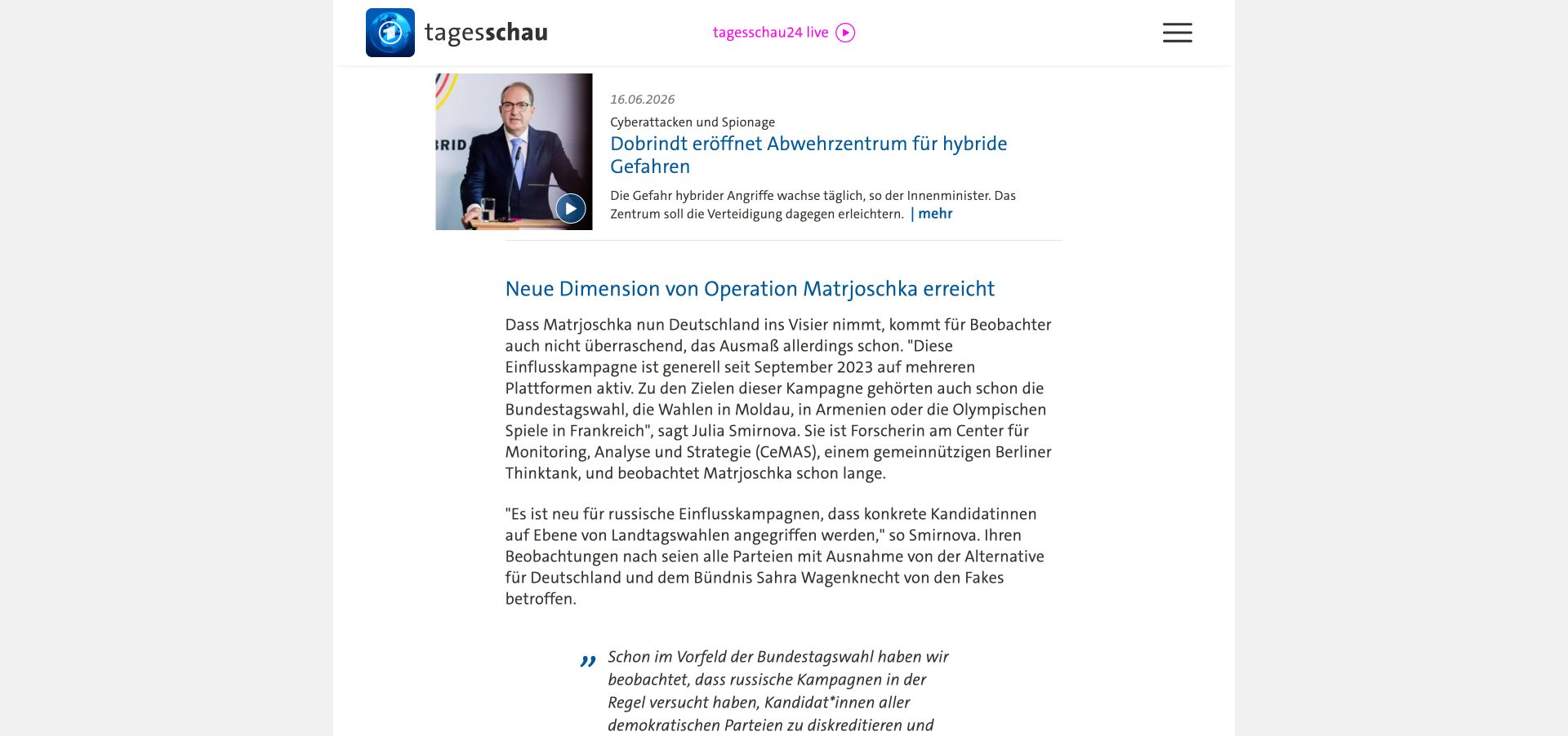 Tagesschau-Passage, nach der AfD und BSW von den Matrjoschka-Fakes ausgenommen waren