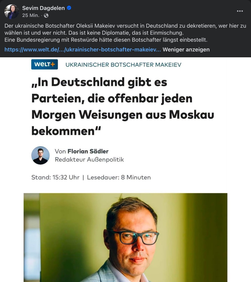Sevim Dagdelen (BSW): "Der ukrainische Botschafter Oleksii Makeiev versucht in Deutschland zu dekretieren, wer hier zu wählen ist und wer nicht. Das ist keine Diplomatie, das ist Einmischung. Eine Bundesregierung mit Restwürde hätte diesen Botschafter längst einbestellt." (Foto: Screenshot Facebook)