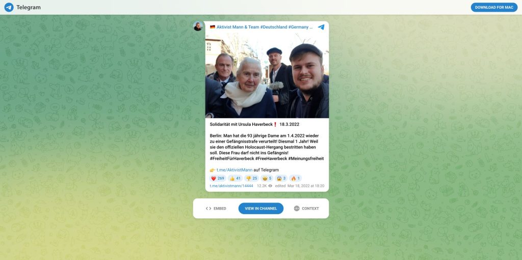 Telegram-Post von Aktivist Mann mit Ursula Haverbeck