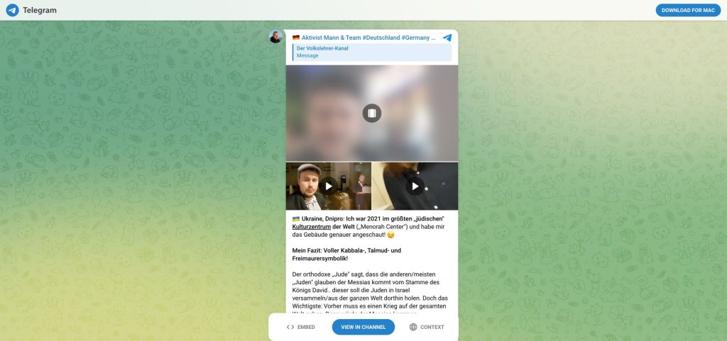 Telegram-Post von Aktivist Mann zum Menorah Center