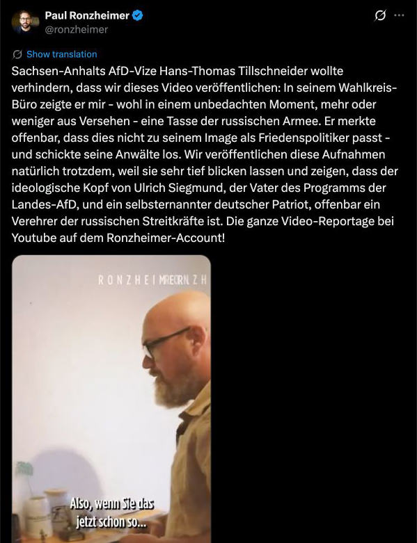 X-Beitrag von Paul Ronzheimer über die Tasse der russischen Armee im Wahlkreisbüro des AfD-Politikers Hans-Thomas Tillschneider