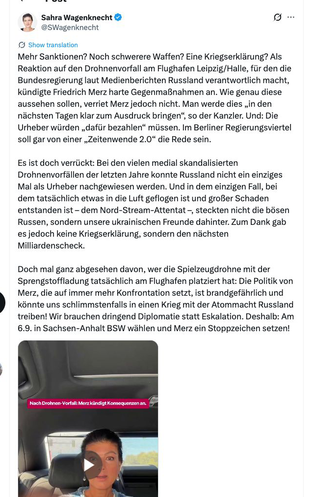 X-Beitrag von Sahra Wagenknecht zur Sprengstoffdrohne am Flughafen Leipzig/Halle und zu Nord Stream