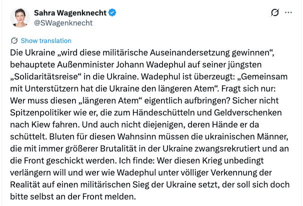 X-Beitrag von Sahra Wagenknecht zum Ukrainekrieg und zu Johann Wadephul – vollständiger Wortlaut