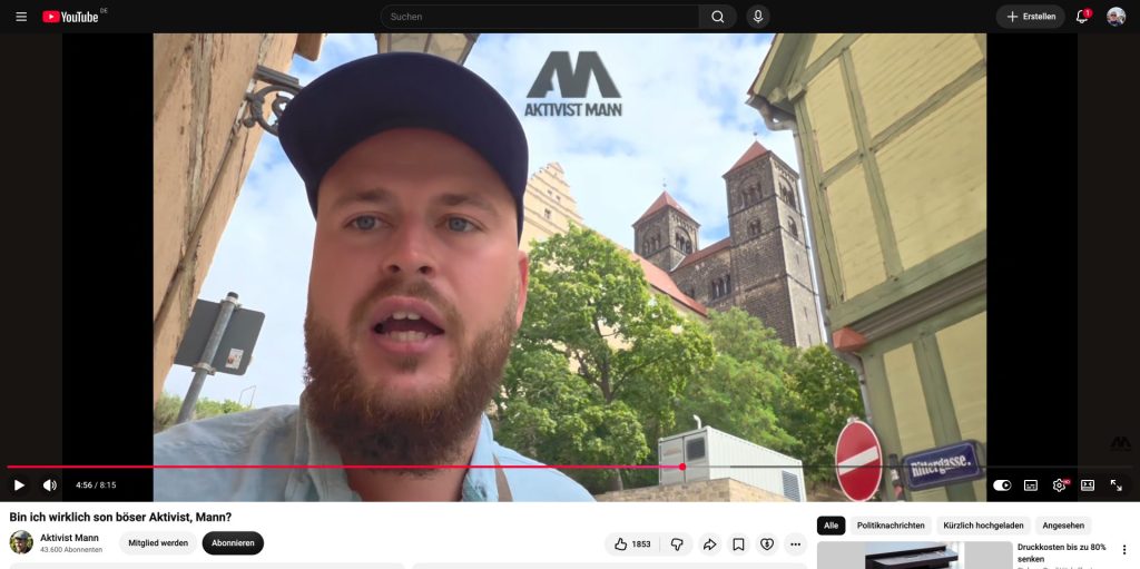 Matthäus Westfal alias Aktivist Mann in einem YouTube-Video in Quedlinburg