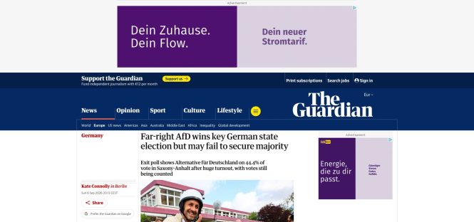 Screenshot des Guardian-Berichts zur Landtagswahl in Sachsen-Anhalt