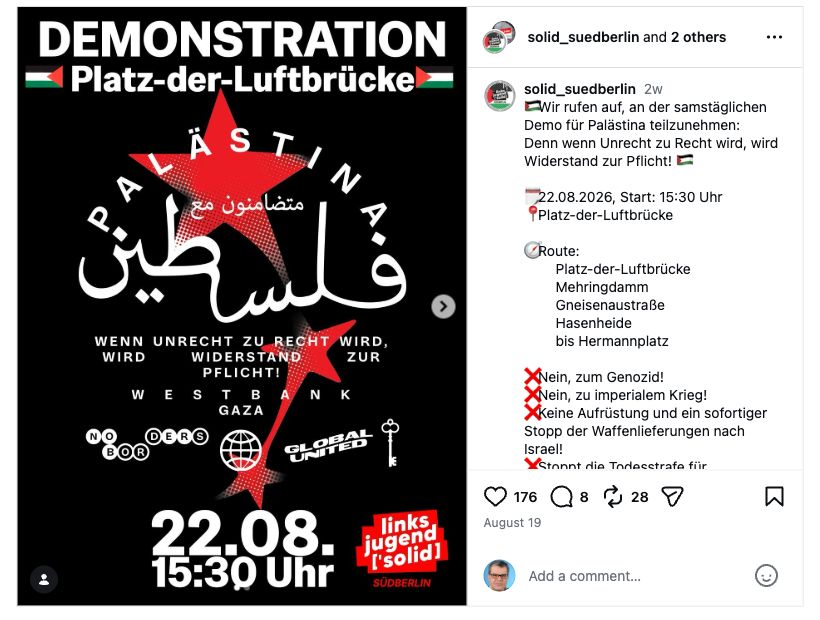 Gemeinsamer Instagram-Aufruf von Linksjugend Südberlin, LAG Palästinasolidarität und VPNK vom 19. August 2026.